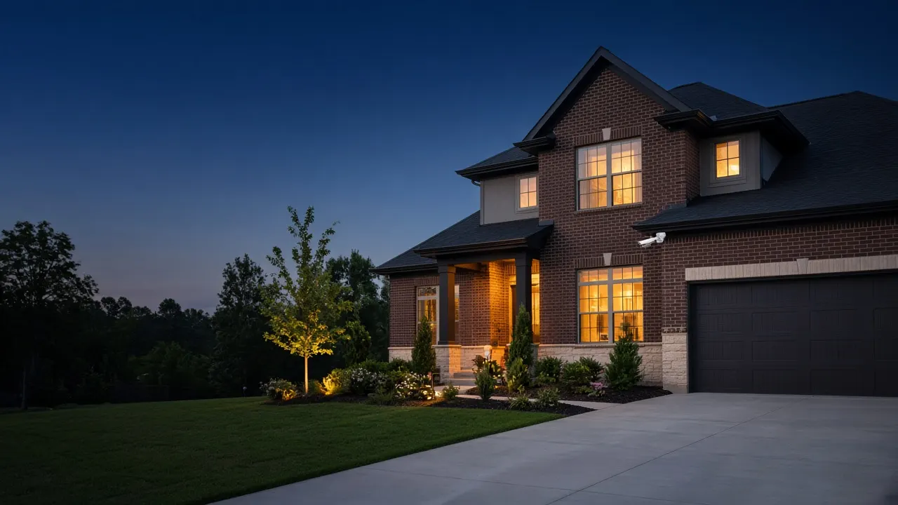 Illustration: home at dusk with security cameras under the eaves