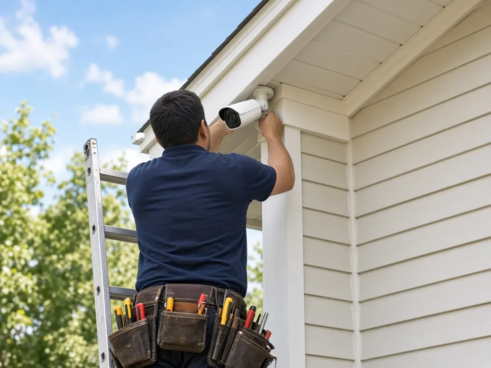 Illustration: installer mounting a security camera under the eaves